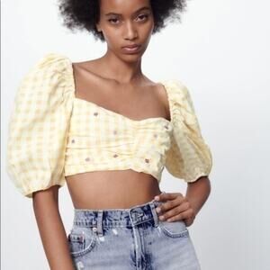 Zara Cropped Gingham Beaded Top Balloon Sleeves Yellow Beach Summer Festival XS